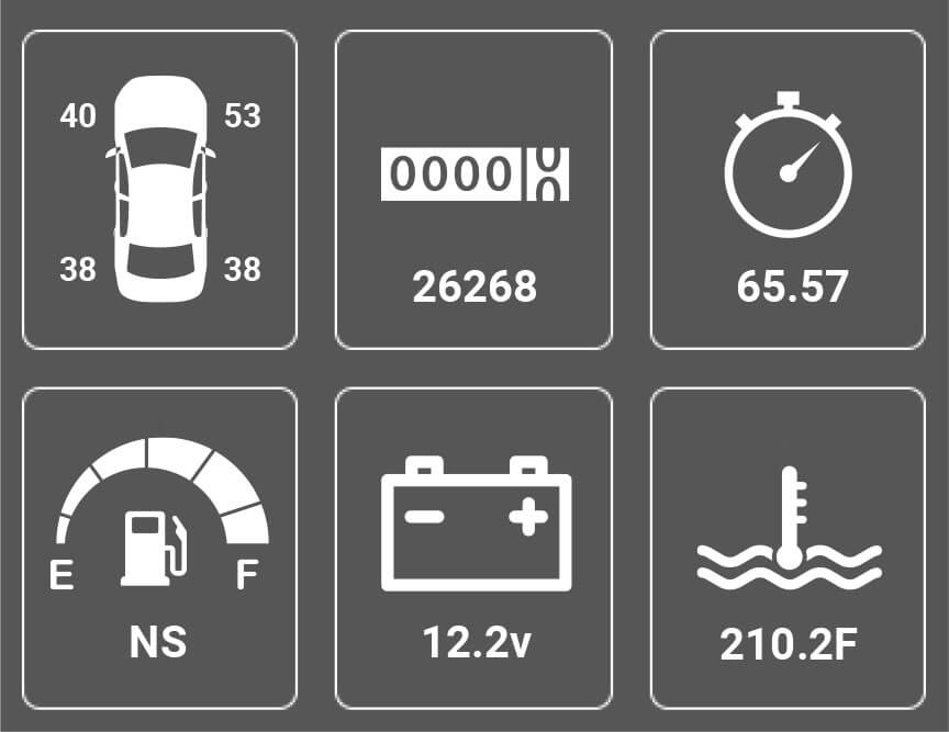 Vehicle Data Vehicle dashboard metrics showing tire pressure, odometer, timer, fuel level, battery voltage, and engine temperature