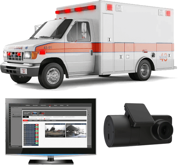 Ambulance Dash Cam Setup Ambulance with emergency fleet dash camera system, including vehicle camera hardware and live video monitoring dashboard.