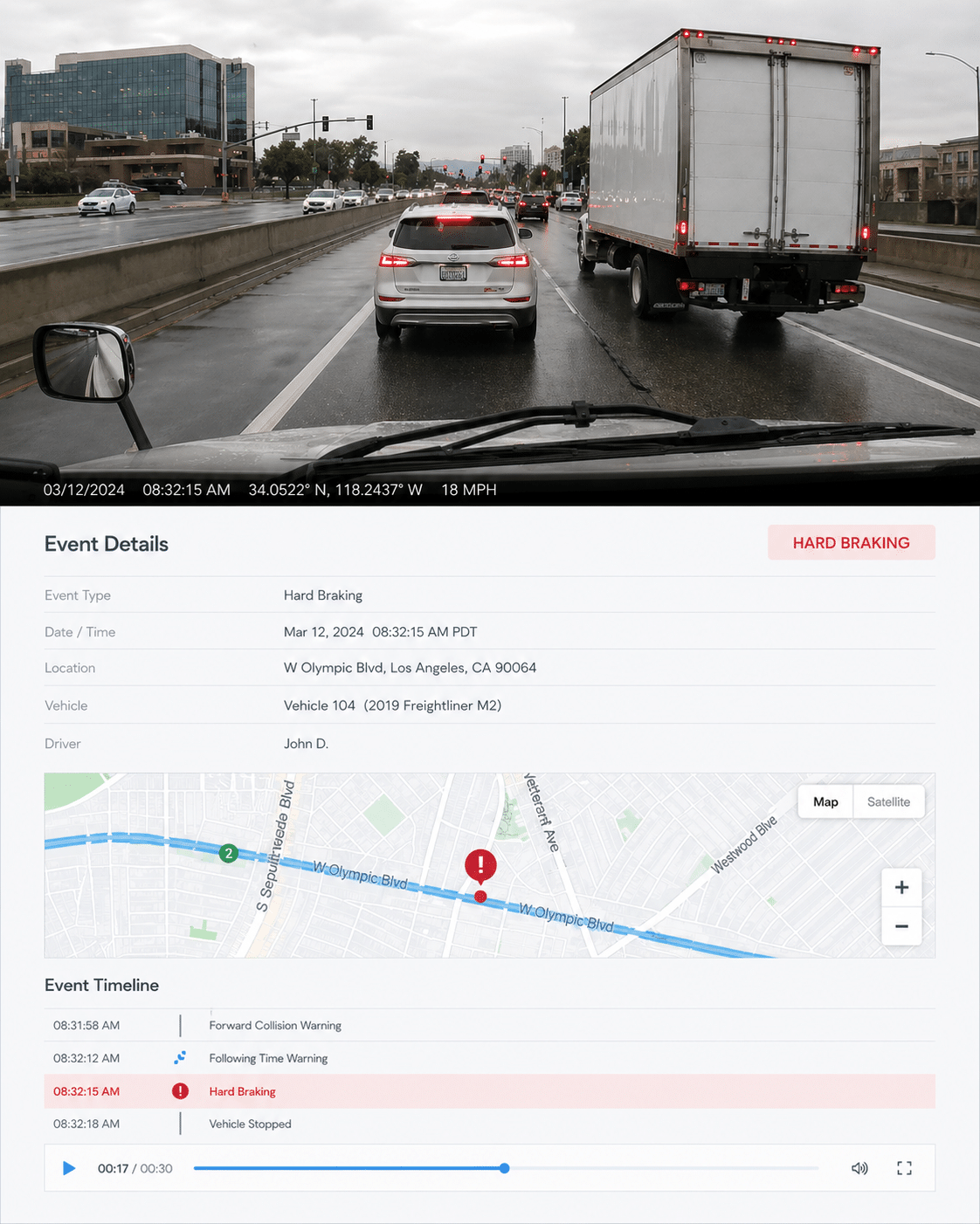 Video Evidence Fleet dash cam event review showing hard braking footage with GPS location, timestamp, map, and driver event timeline.