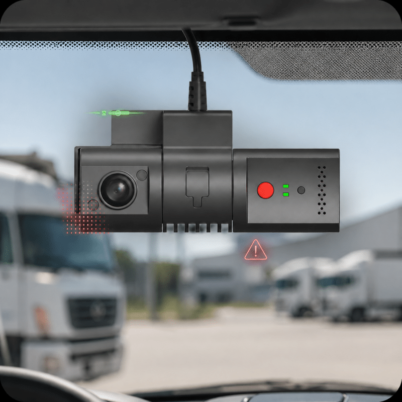 Fleet dash cam camera health monitoring with alert overlays for obstruction and position changes.