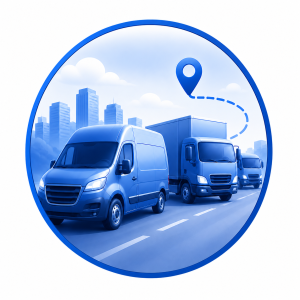 Blue commercial fleet vehicles icon representing fleet dash cams for business fleets.