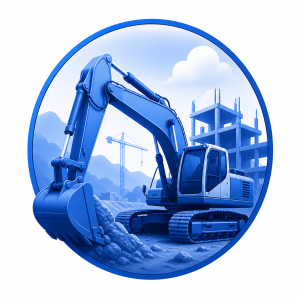 Blue excavator icon representing fleet dash cams for construction and heavy equipment.