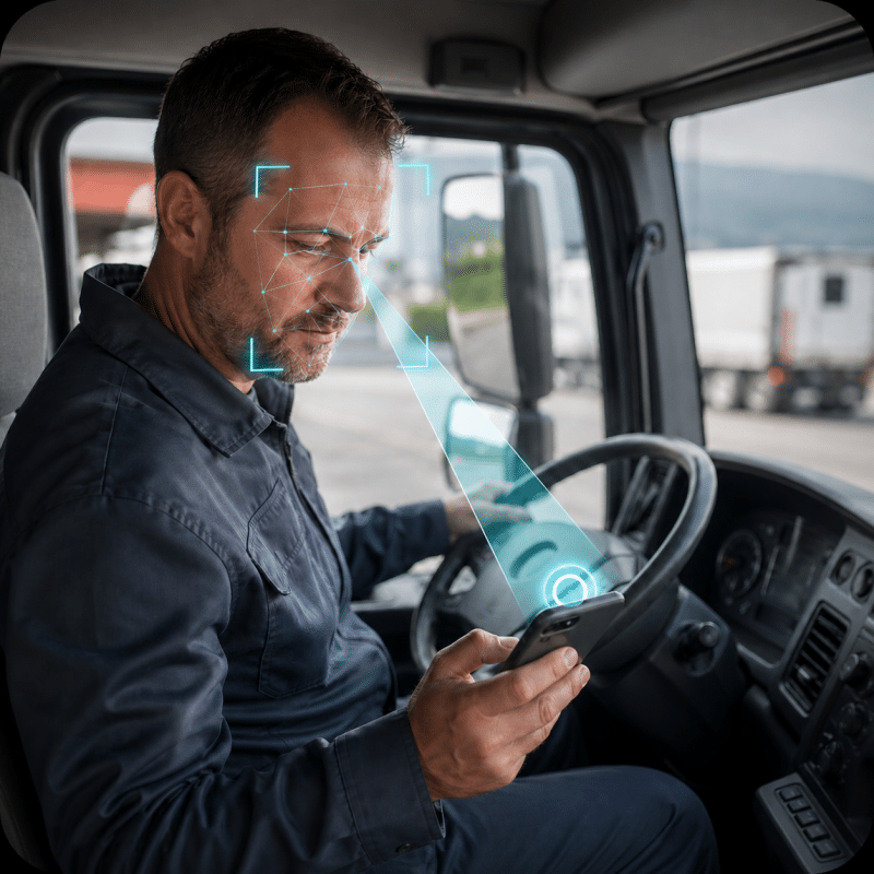 Driver Monitoring AI driver monitoring detecting phone distraction inside a commercial vehicle cab.