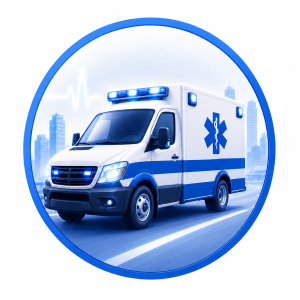 Blue ambulance icon representing fleet dash cams for emergency service vehicles.