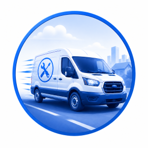 Blue service van icon representing fleet dash cams for field service vehicles.