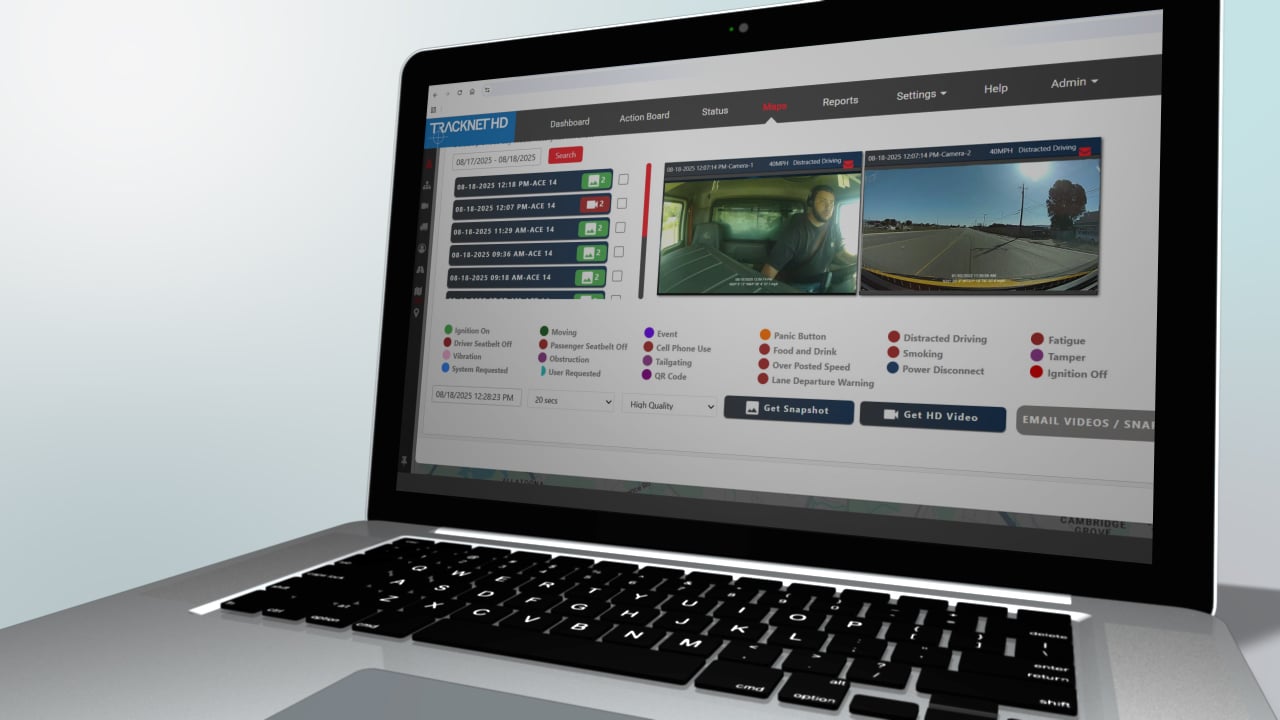 TrackNet HD fleet management dashboard displaying connected vehicle data, in-cab and road-facing camera footage, and driver behavior events used by commercial fleets to support telematics-based insurance scoring and underwriting