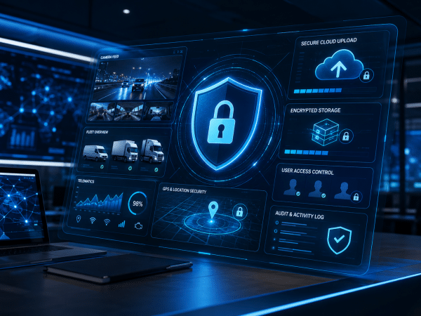 Security an encryption Data security shield representing AES-256 encrypted video telematics system for AI fleet dash cam platform.