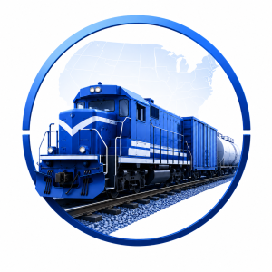 Blue short-line railroad train icon representing fleet technology for short-line rail operations.