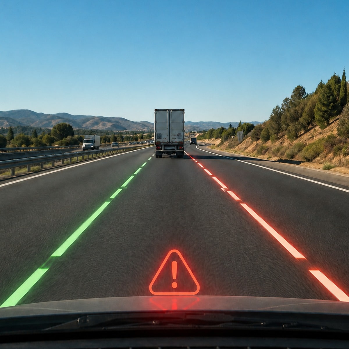 Road-facing ADAS view showing lane drift warning with highlighted lane markers and alert icon.
