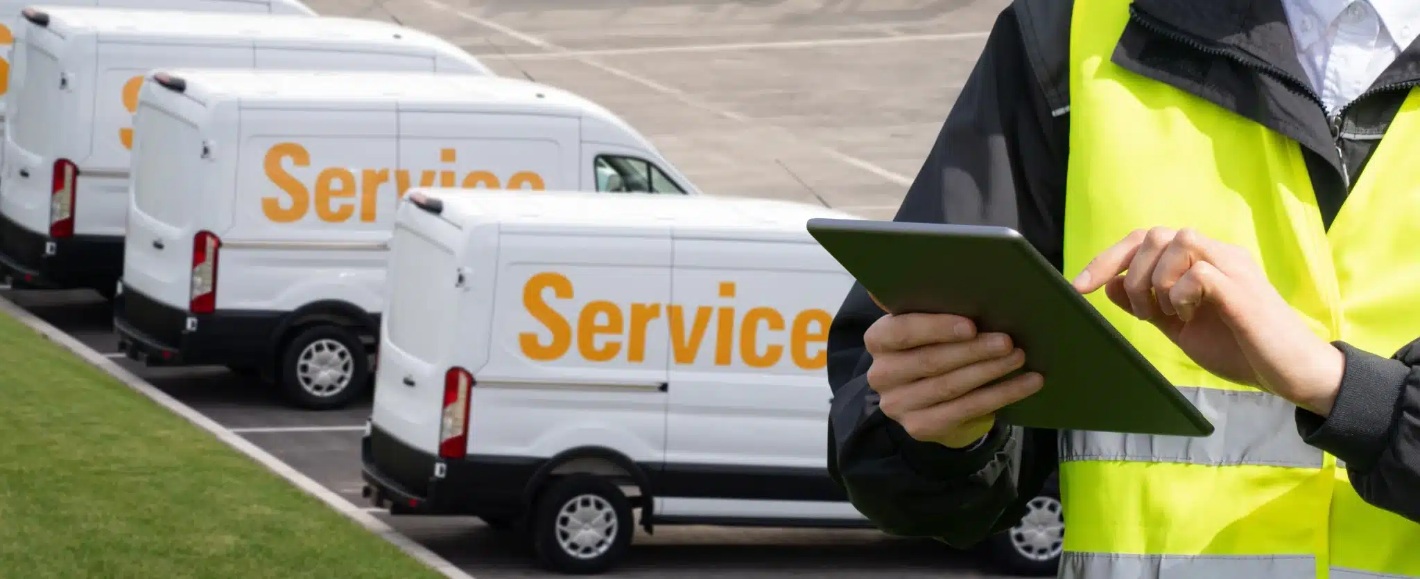 Fleet operations technician using a tablet alongside a row of service vehicles, representing fleet data flowing into TrackNet integrations with TruckerCloud, SpeedGauge, and ProMiles