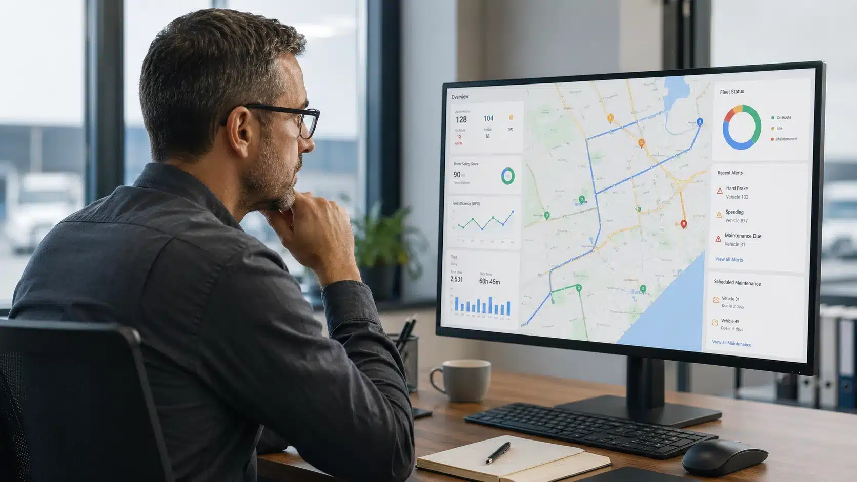 Fleet manager reviewing connected vehicle telematics data on a fleet management dashboard for commercial fleet insurance compliance