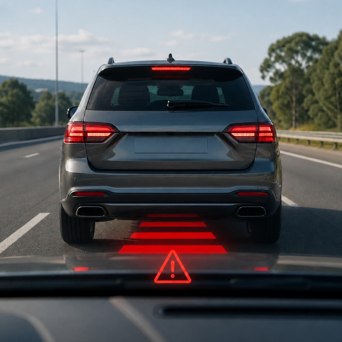 Dash cam view showing unsafe following distance alert behind a vehicle on the highway.
