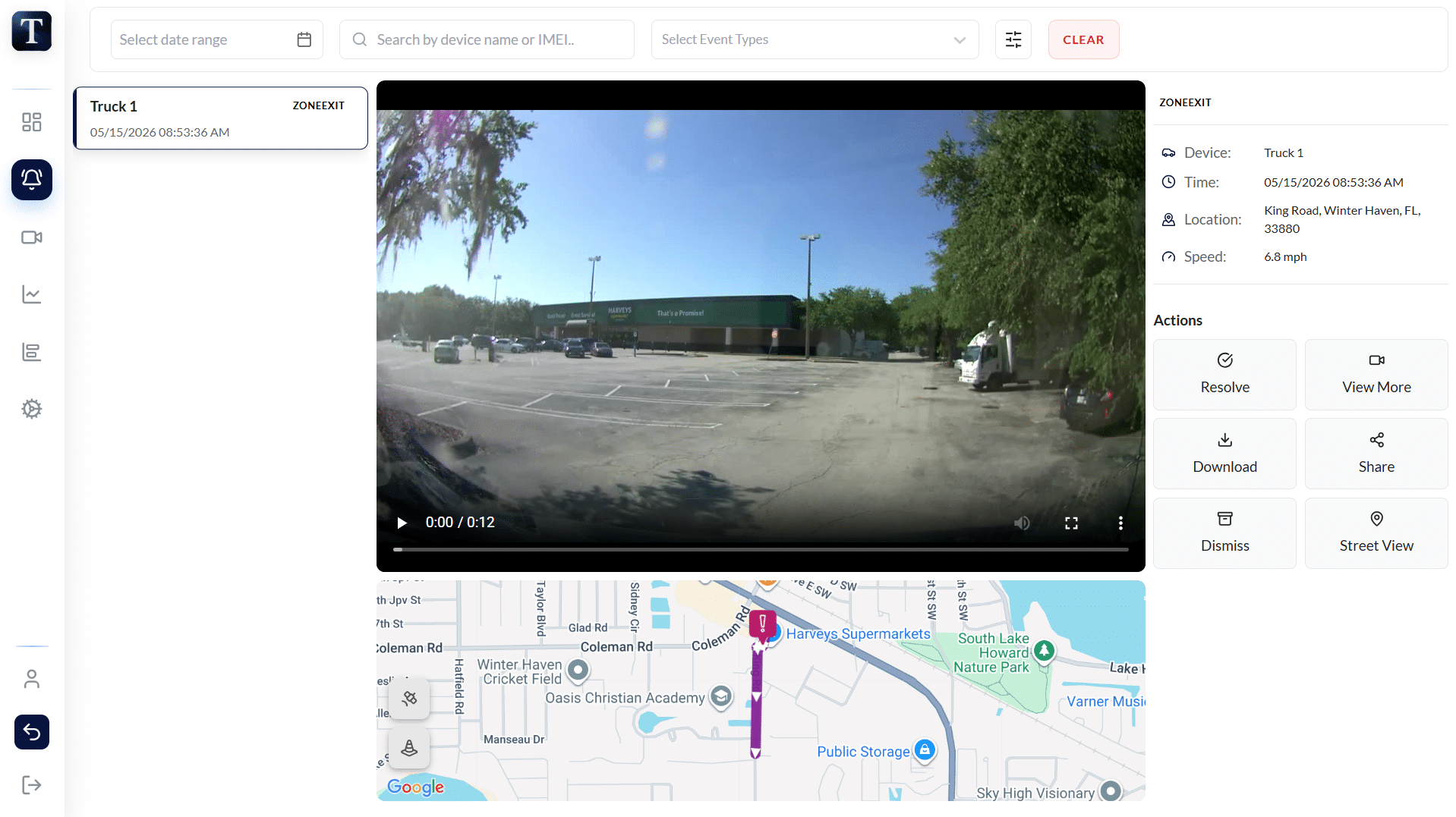 tracknet-zoneexit-event-detail TrackNet Cloud platform showing a Zone Exit event for Truck 1 — dashcam video replay, GPS map, event details panel, and action buttons