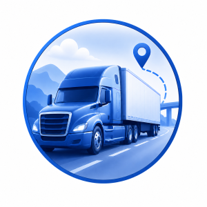 Blue semi truck icon representing fleet dash cams for trucking and long-haul fleets.