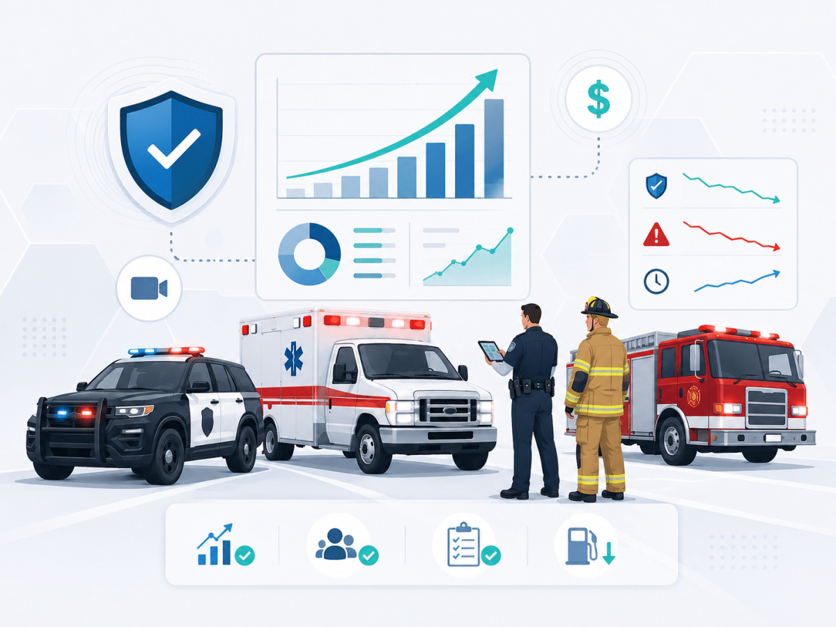 FirstResponderROI Police, ambulance, and fire vehicles with first responders and fleet safety analytics showing performance, cost, and risk trends.