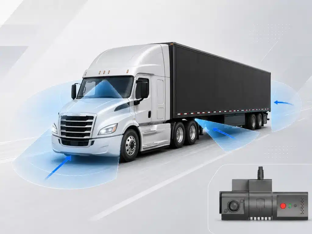 commercial-truck-camera-coverage-transparent Commercial semi-truck with front, side, and rear camera coverage zones and an onboard dash camera shown in the lower-right corner.