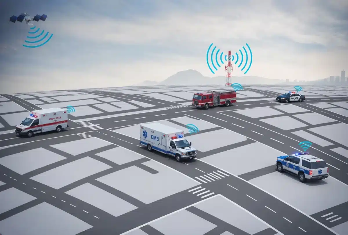 emergency-services-vehicles-map Emergency vehicles, including ambulances, fire trucks, and police vehicles, connected through GPS and wireless fleet tracking.