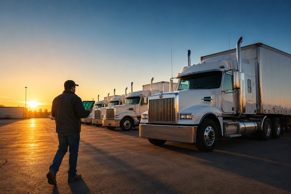 A commercial fleet prepares for dispatch as the manager uses connected safety data to monitor vehicles, manage risk, and support proactive incident response