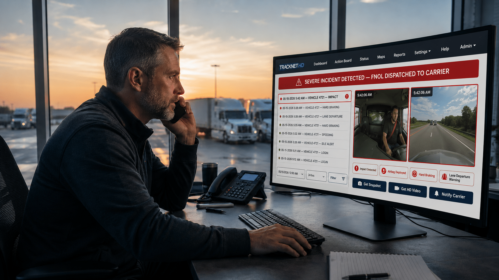Fleet telematics incident report displayed on a laptop showing driver behavior data, event timeline, and dash cam footage used to accelerate first notice of loss for commercial fleet insurance claims