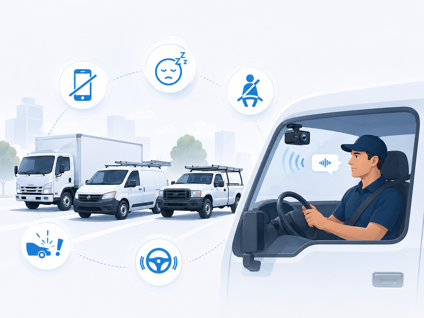 aimonitoring Illustration of an AI fleet dash cam monitoring a driver and detecting phone use, drowsiness, seatbelt violations, and hard braking.
