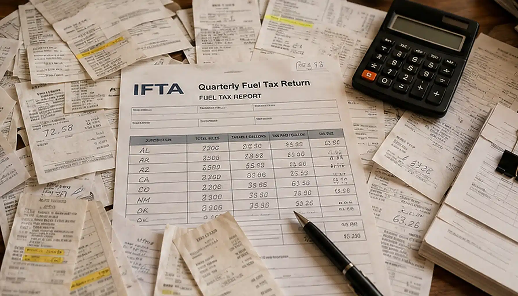 Commercial fleet operations manager working on IFTA fuel tax compliance for their fleet, representing the ongoing quarterly workload for fleets that manage compliance without automation