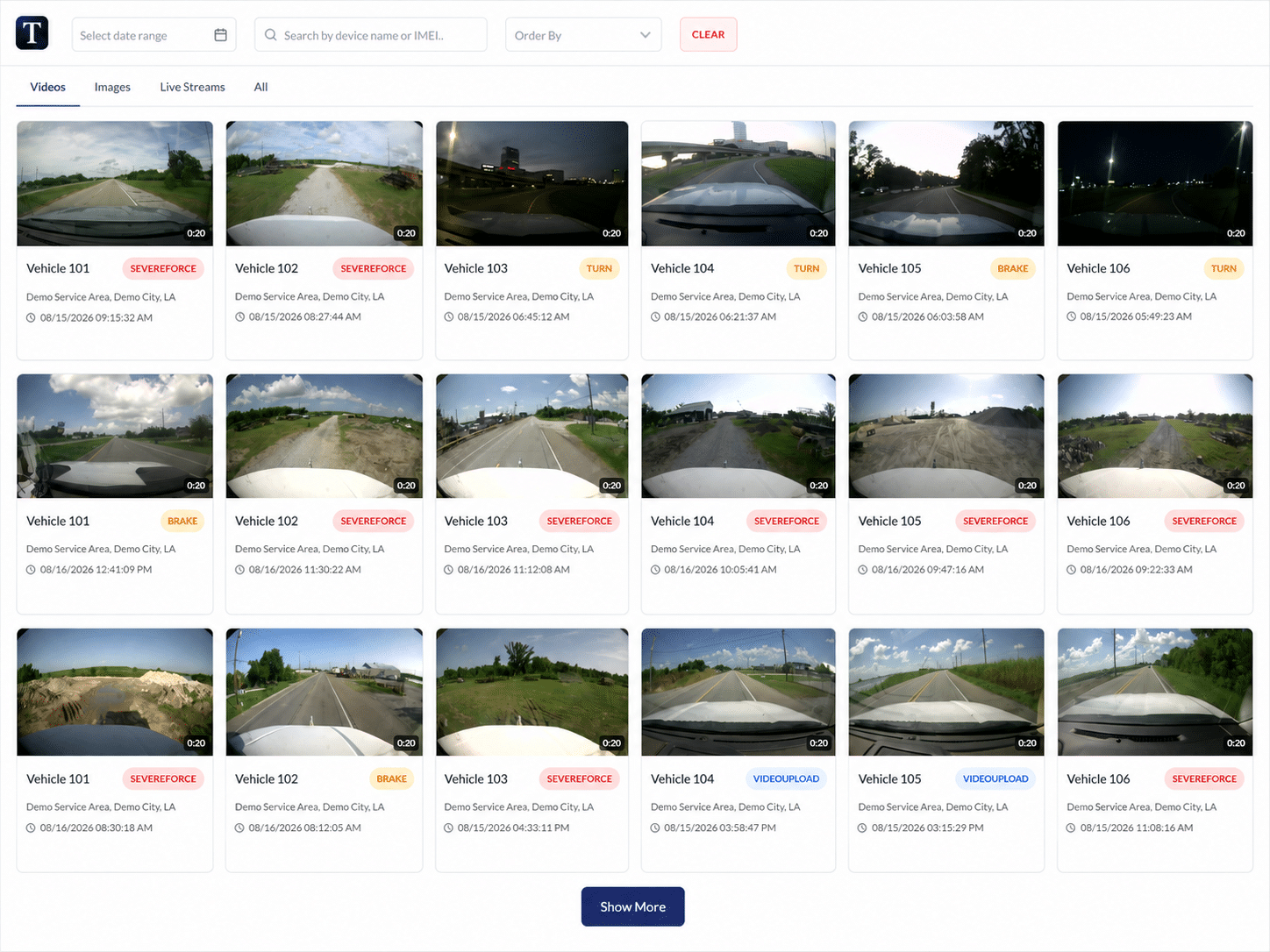 TrackNet Cloud Media Page showing a searchable library of dash cam video clips