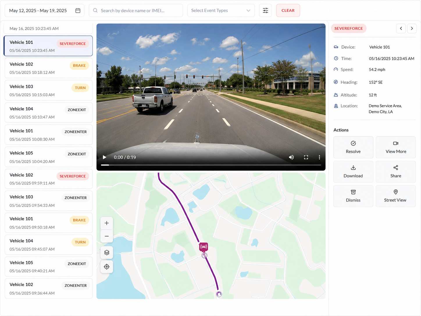 TrackNet Cloud Events Page showing event video, GPS map, and vehicle details