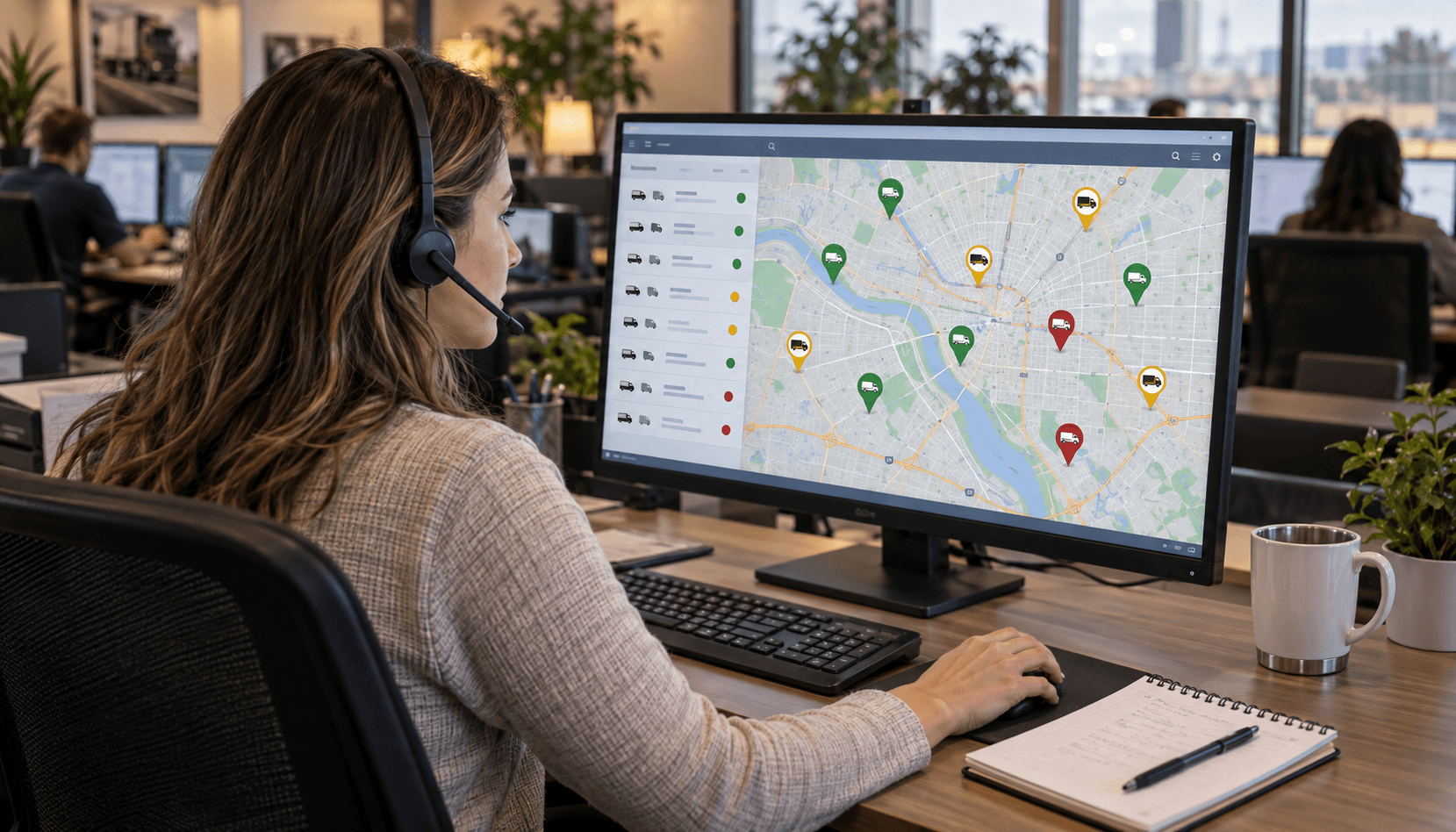Service fleet dispatcher monitors a live map of service vans across a metro area with color-coded status pins for each vehicle