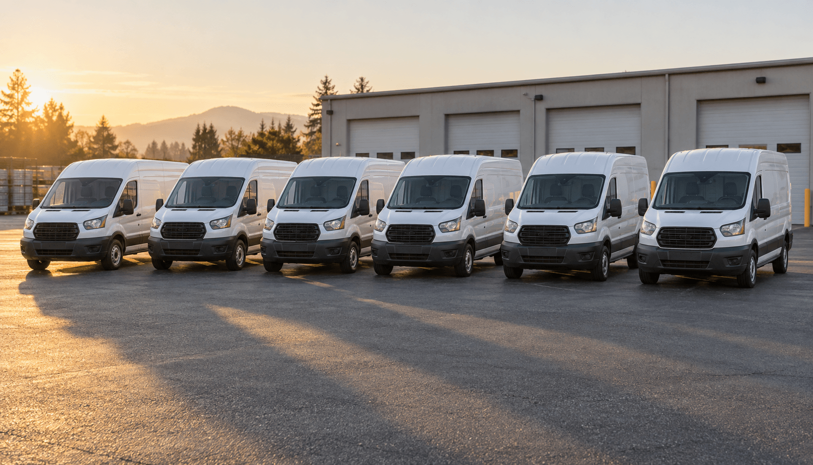 Row of six white service fleet cargo vans parked at a contractor yard at sunrise, ready for morning dispatch