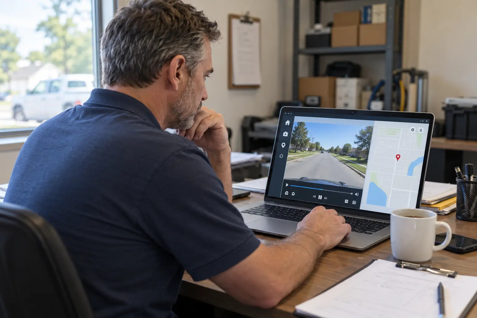 HVAC service manager reviewing road-facing dash cam footage and GPS location data on a laptop in a contractor office to resolve a customer property damage complaint
