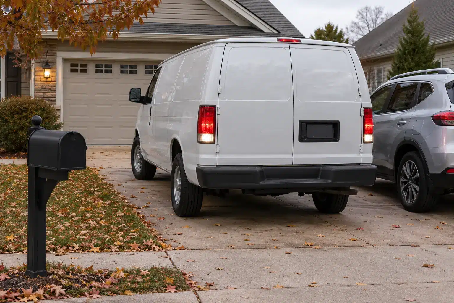 White HVAC service van backing out of a narrow residential driveway past a parked car and mailbox, the kind of low-speed situation where fleet dash cam video settles property damage claims